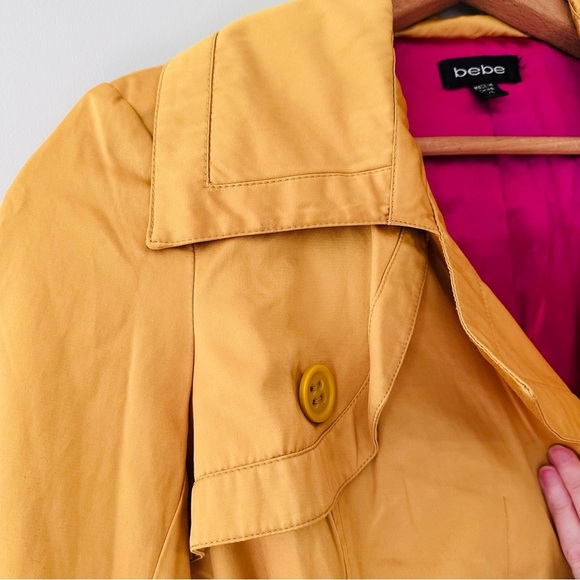 Bebe Retro Yellow Gold Mini Button Front Trench Coat w/ Hot Pink Lining Size XS - Picture 11 of 12